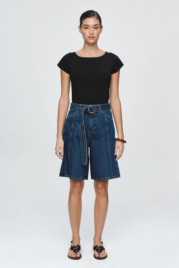 Belted jean short- classic blue