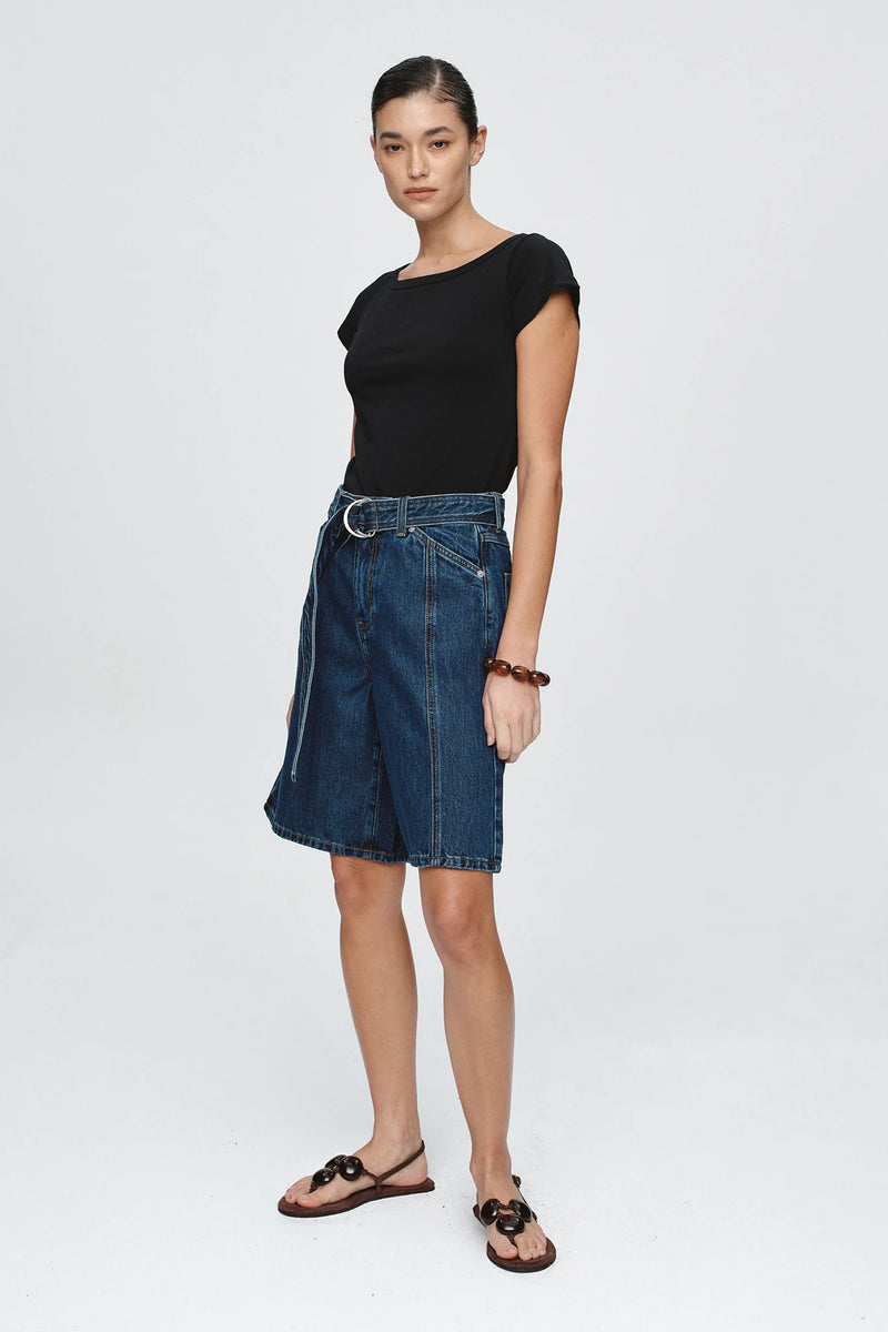 Belted jean short- classic blue