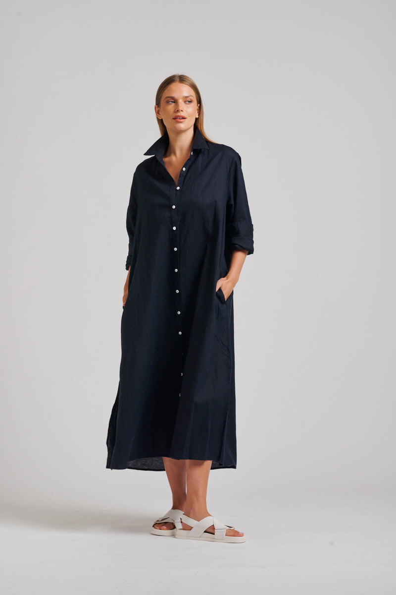 Luna Linen- French Navy Shirt Dress