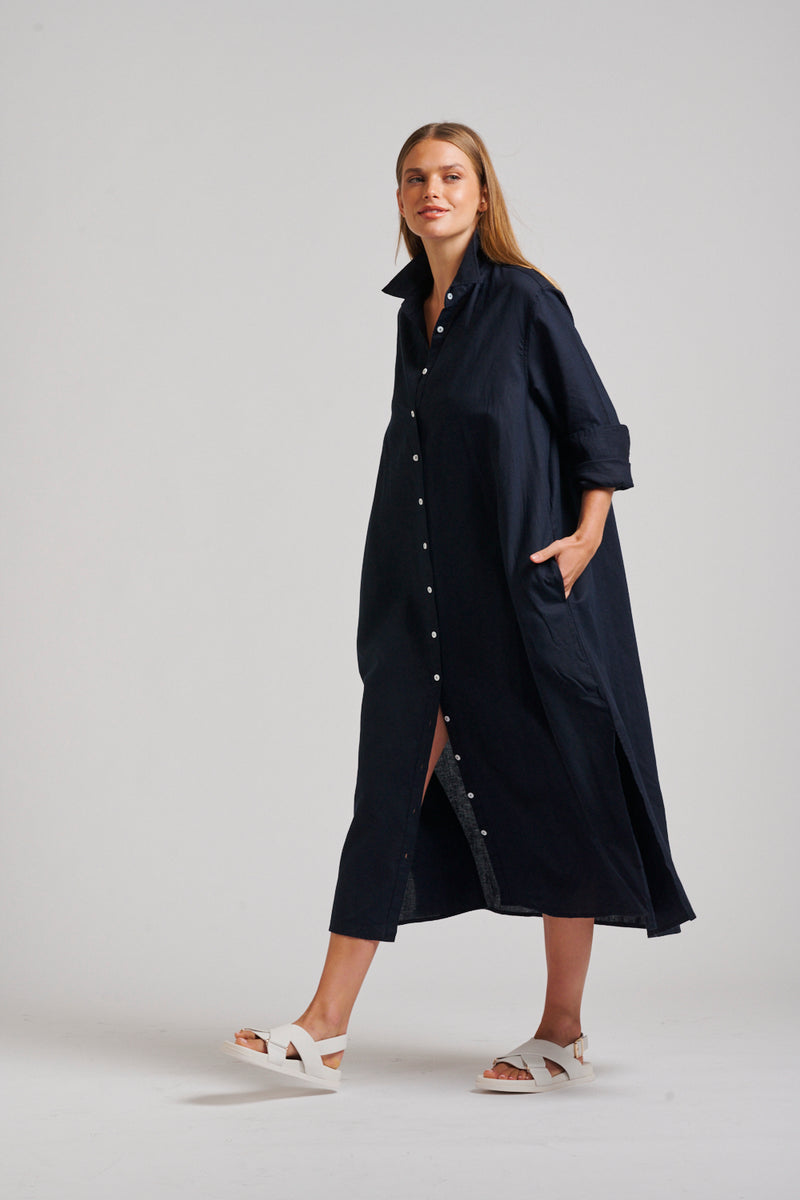 Luna Linen- French Navy Shirt Dress