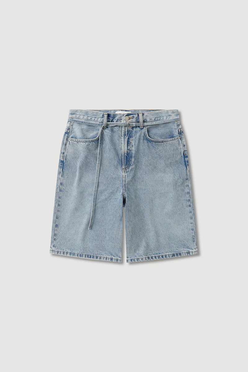 Loose fit long denim short- mid stone wash