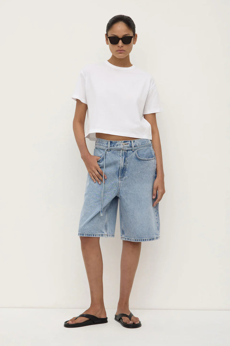 Loose fit long denim short- mid stone wash