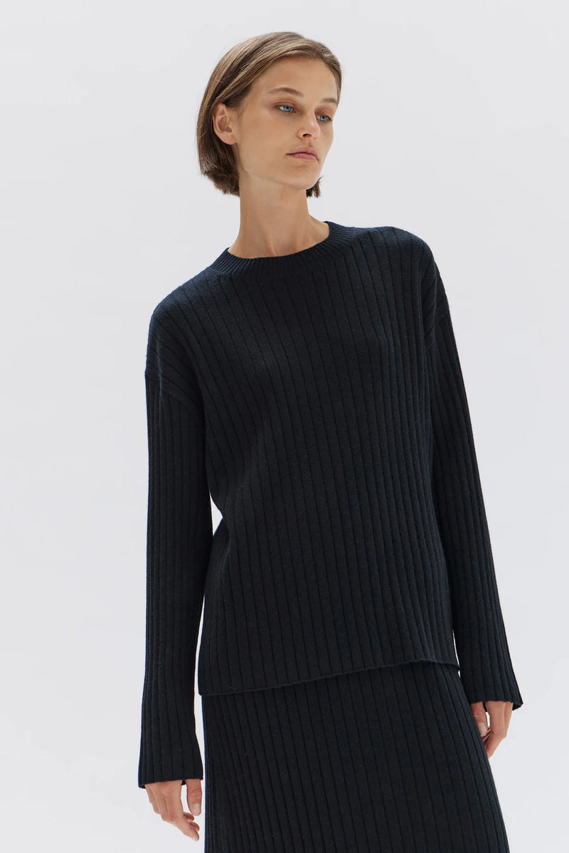 Wool Cashmere Rib Long Sleeve Top- Black