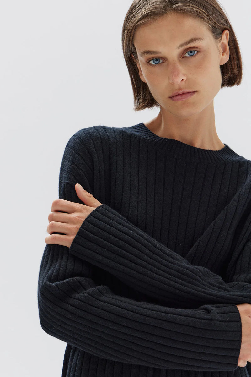 Wool Cashmere Rib Long Sleeve Top- Black