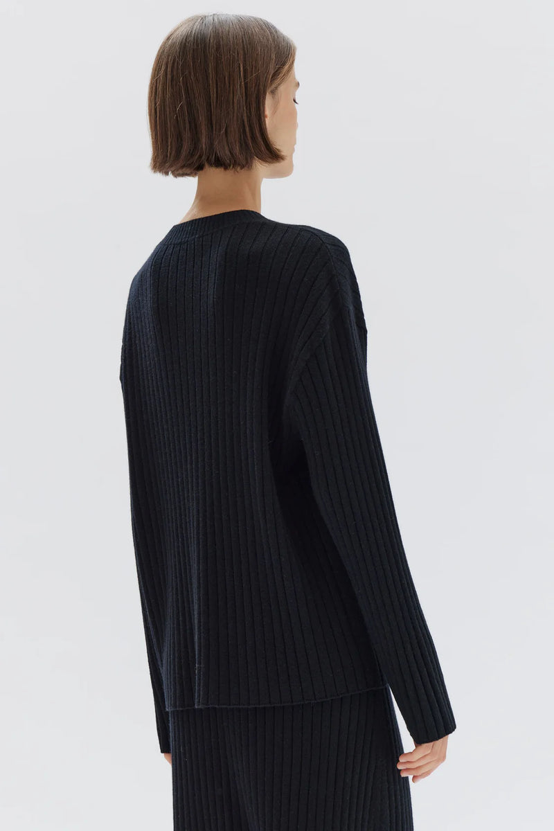 Wool Cashmere Rib Long Sleeve Top- Black