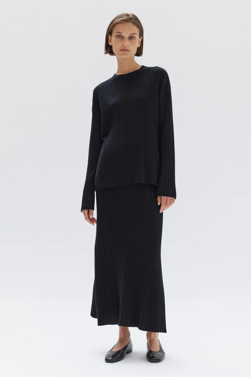 Wool Cashmere Rib Long Sleeve Top- Black