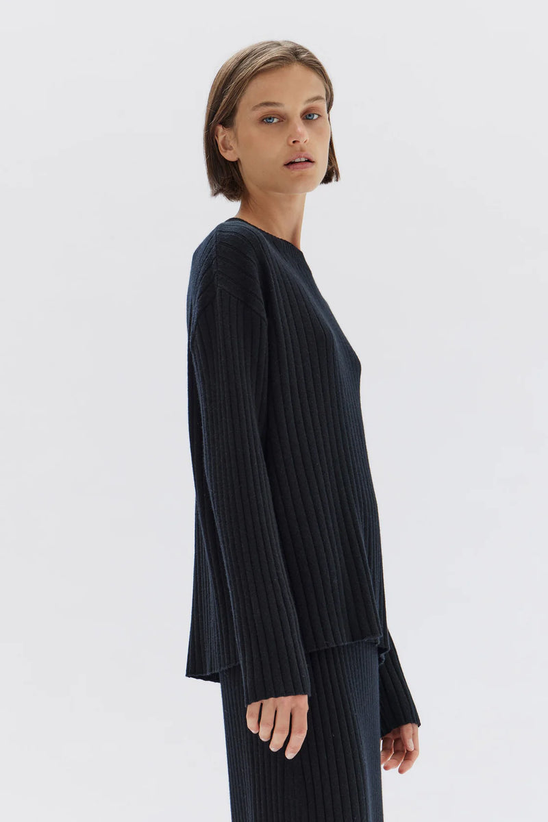 Wool Cashmere Rib Long Sleeve Top- Black